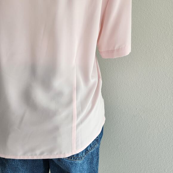 Vintage 80s Joanna Pink Embroidered Scalloped Button Down Short Sleeve Blouse M - Picture 9 of 10